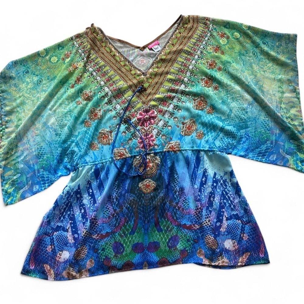 Embellished Boho Kaftan Top L Peacock Print Tunic Festival Y2K Gypsie 90 Beaded